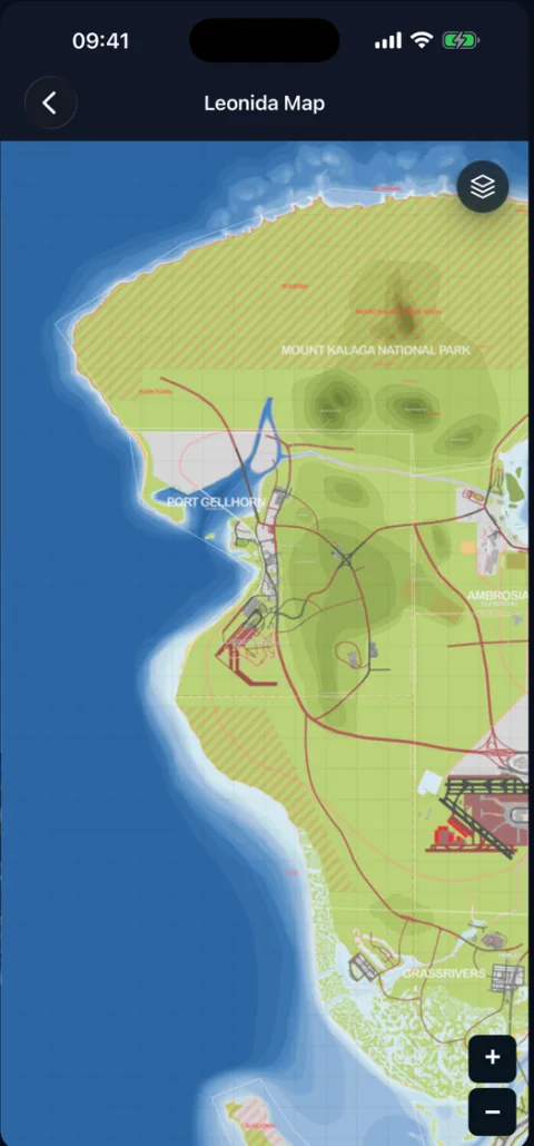 The interactive State of Leonida map in the app, zoomed on Port Gellhorn and Mount Kalaga.