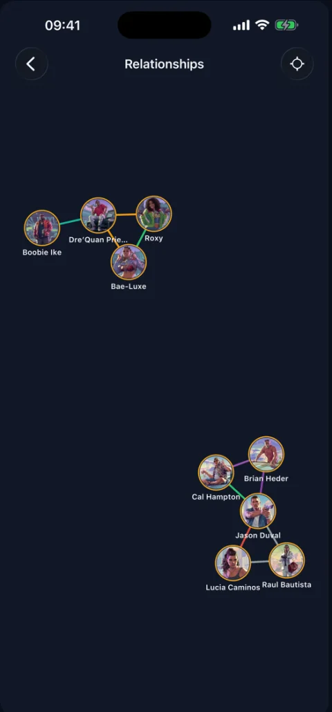 The character relationship map in the app, showing connected portraits of the GTA 6 cast.