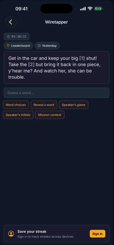 Wiretapper mid-puzzle in the app: an intercepted quote with two words blanked out and a guess field.