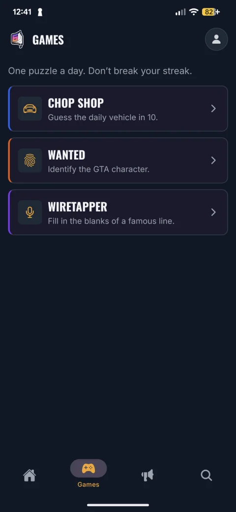 The app on Android, showing the daily games list: Chop Shop, Wanted and Wiretapper.
