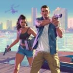 Jason and Lucia on a Jetty holding guns in official GTA VI artwork.