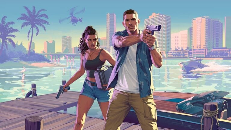 Jason and Lucia on a Jetty holding guns in official GTA VI artwork.