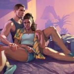 Jason and Lucia from GTA VI relaxing on a bed in a motel in official Rockstar artwork.