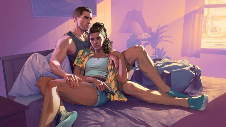 Jason and Lucia from GTA VI relaxing on a bed in a motel in official Rockstar artwork.