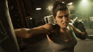 Lucia Caminos from GTA VI ferociously punching a heavy bag in a dimly-lit gym.