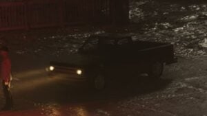 Black Declasse Walton L35 parked outside of Delights Strip Club in GTA VI