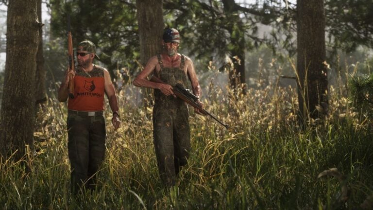A pair of hunters patrol the woods with hunting rifles in GTA VI.