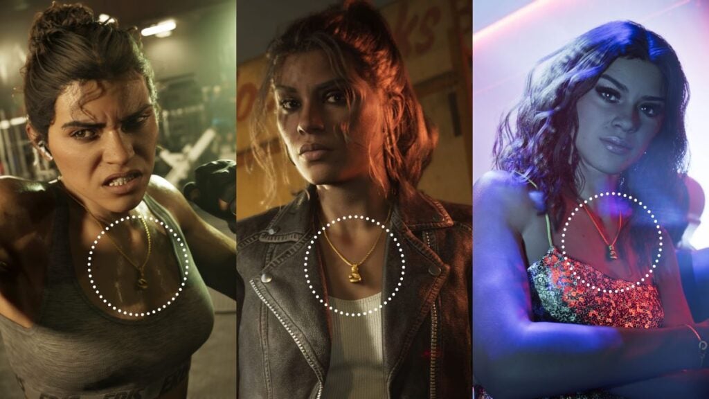 Multiple screenshots showing Lucia Caminos wearing a necklace with a boxing glove pendant