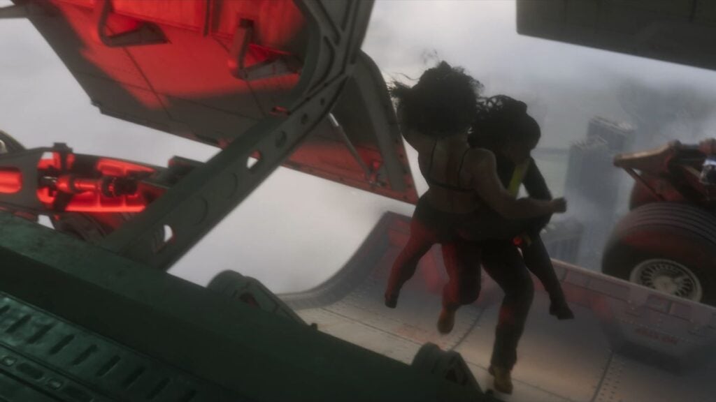 Lucia fighting another character in the landing gear in GTA VI Trailer 2