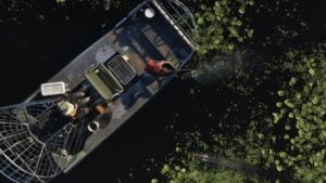 A poacher on a boat aims his double-barrel shotgun at nearby alligators.