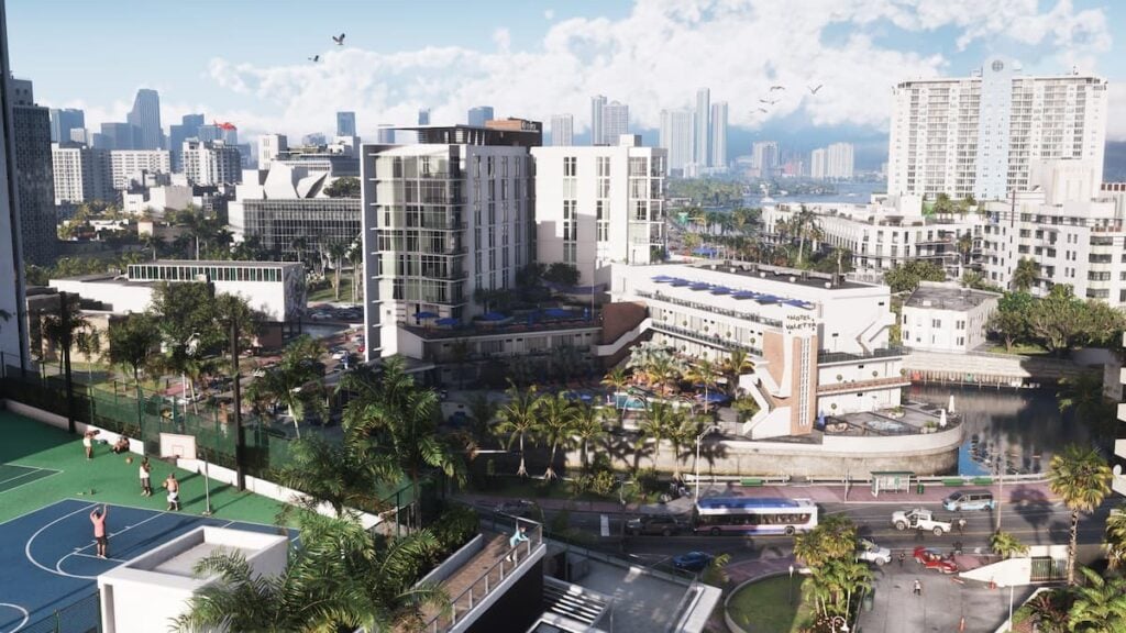 An overview shot of Vice City