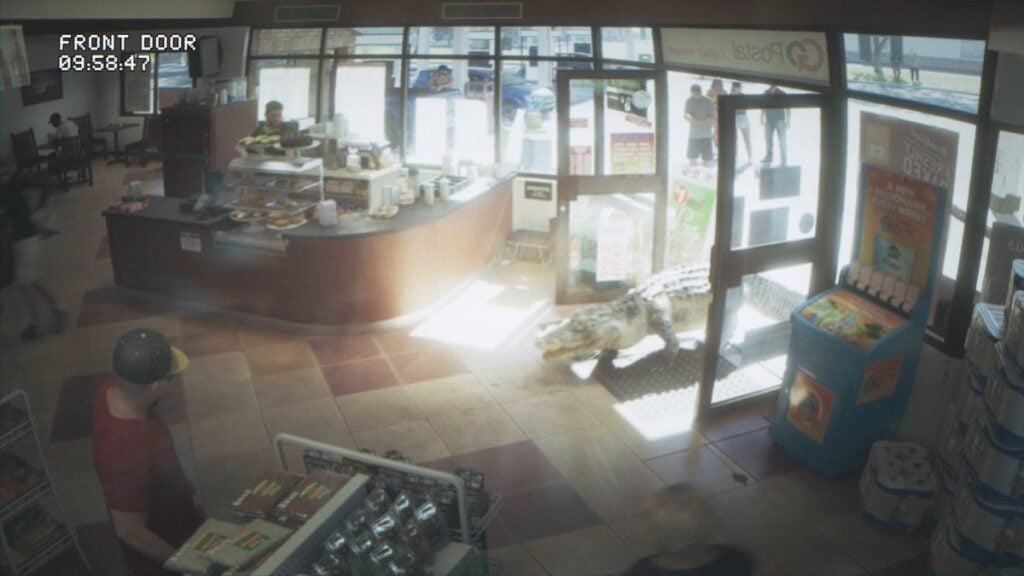Alligator entering a store in GTA VI, recorded on store's camera