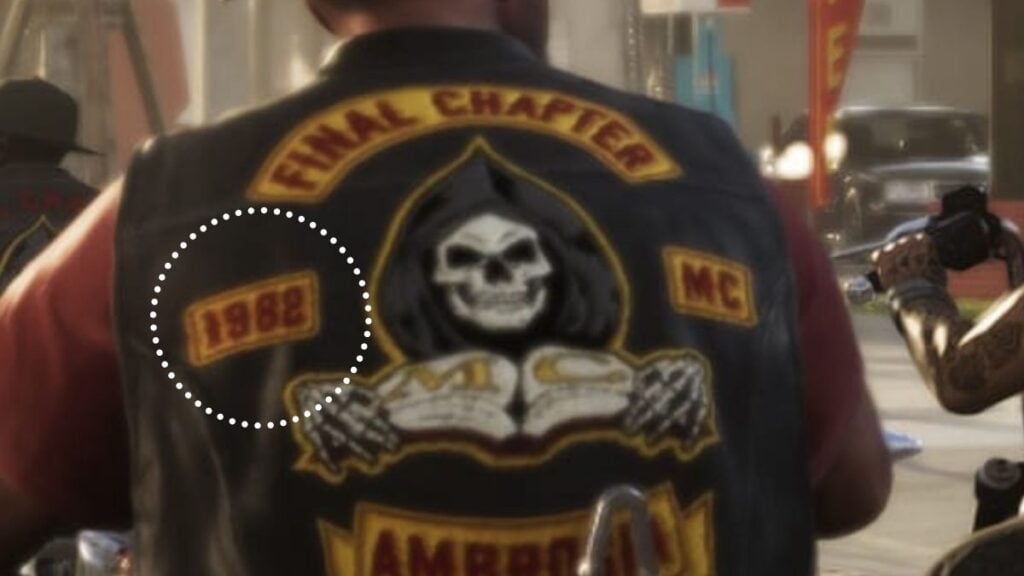 One of the members of the Final Chapter motorcycle club wearing a jacket with a "1982" tag