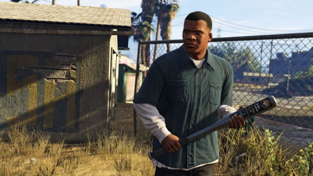 Franklin in the hood with a baseball bat in GTA 5.