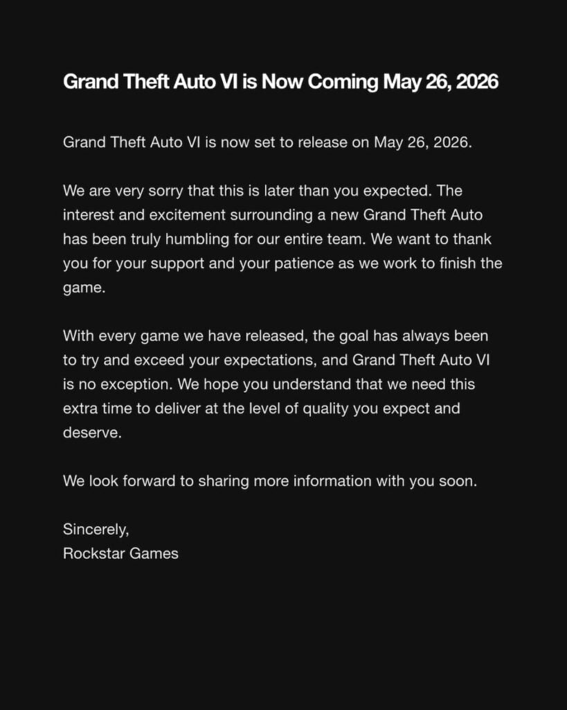 GTA 6 original release date announcement by Rockstar Games