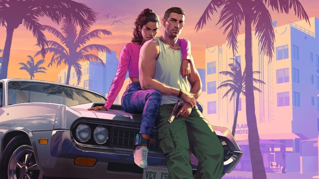 Jason and Lucia leaning on the hood of a car in official GTA 6 artwork.