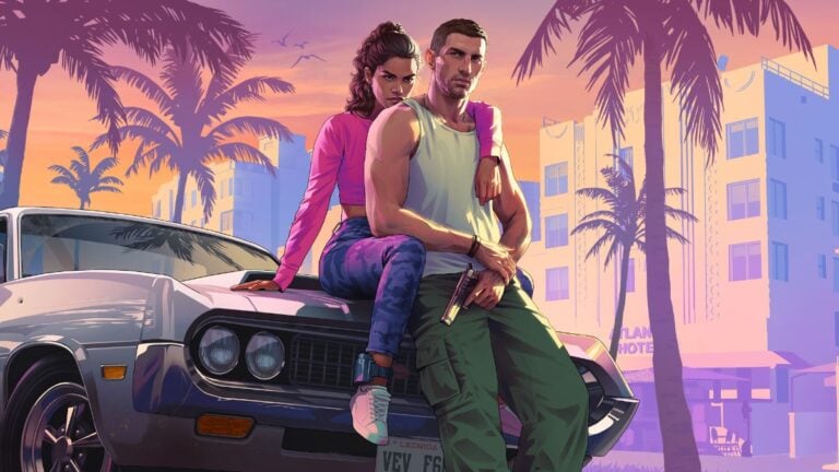Jason and Lucia leaning on the hood of a car in official GTA 6 artwork.