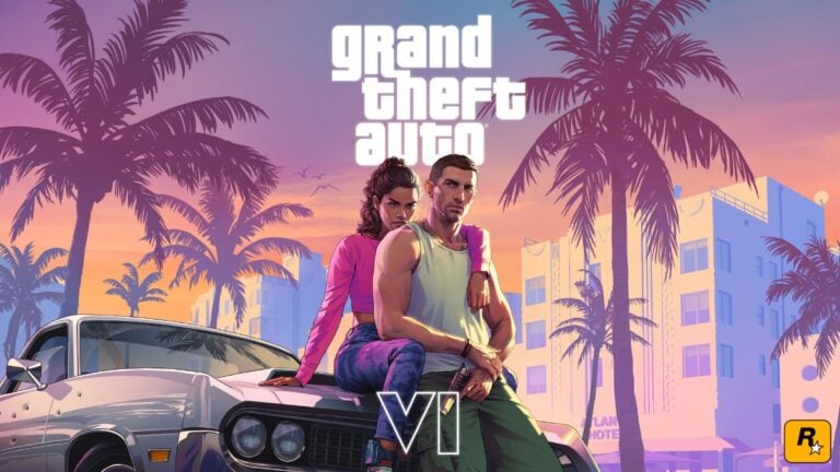 Jason and Lucia on the hood of a car with Rockstar logo and Grand Theft Auto 6 on the art.