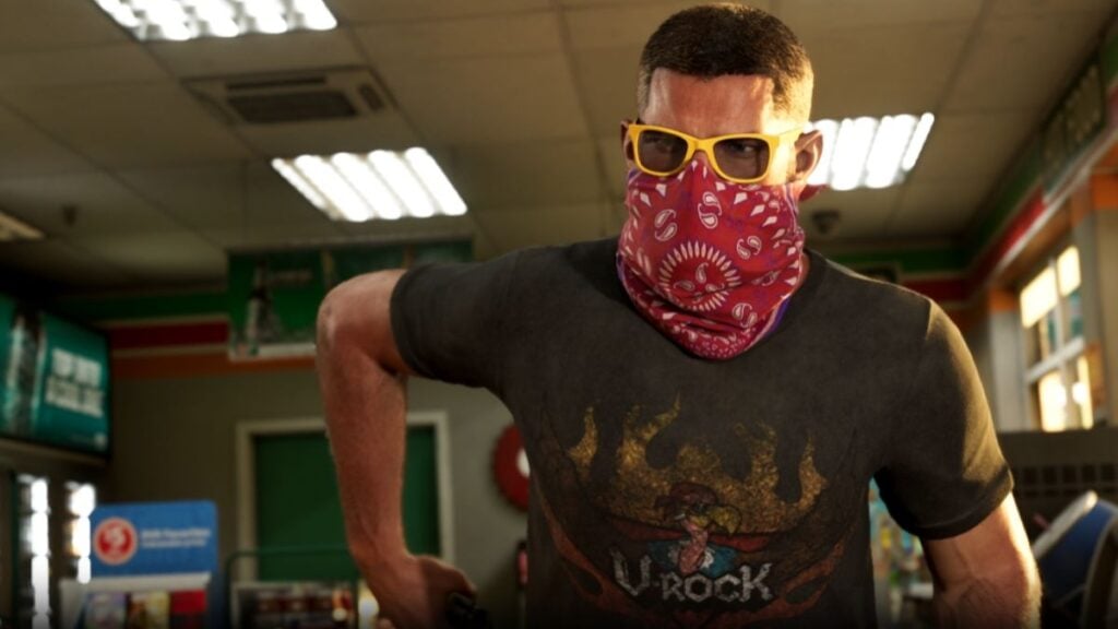 Jason pulling a weapon in a store, wearing a mask and a t shirt with the V-Rock radio station logo.