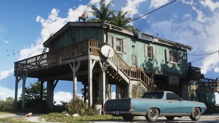 The Key Lento beach house in GTA 6, with Jason on the roof, fixing leaks.