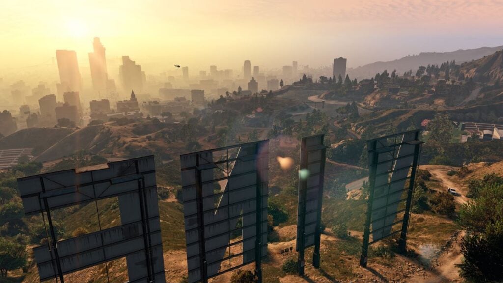 The Vinewood sign and the Los Santos city skyline.