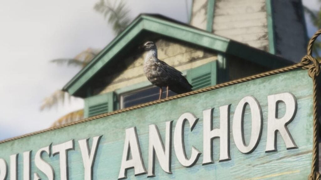 Seagull sitting on The Rusty Anchor's sign in GTA 6