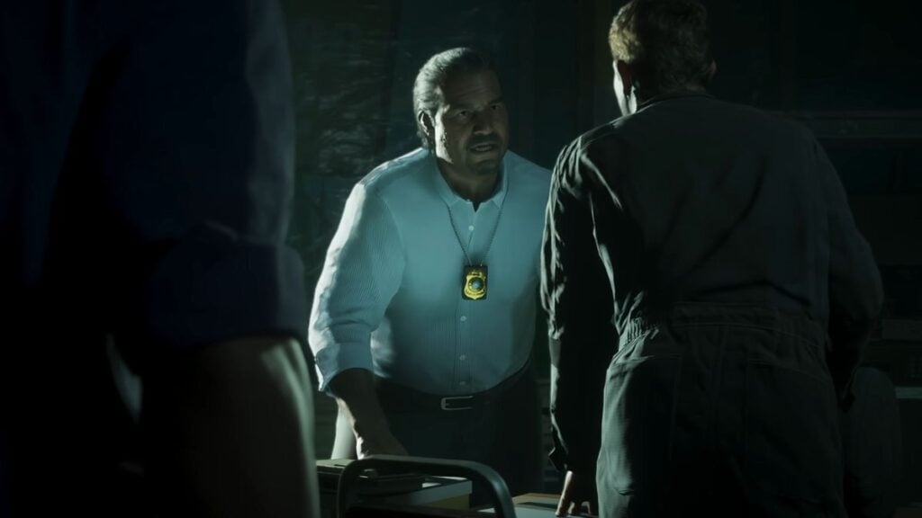 The corrupt cop from GTA 6 Trailer 2 talking to other officers.