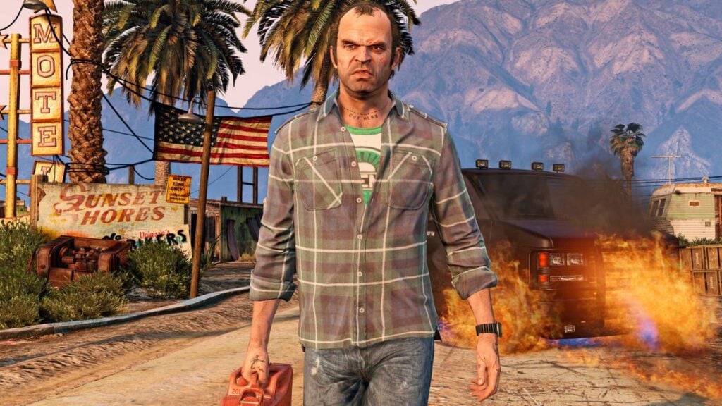 Trevor walking away from a fire he set with a can of gasoline in his hand.