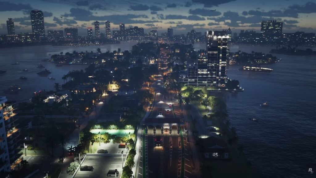 A night shot of the city in GTA 6 trailer one.