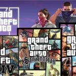 GTA 6 key art, with the GTA 4, GTA San Andreas, and GTA 5 covers overlaid.