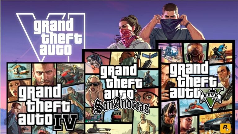 GTA 6 key art, with the GTA 4, GTA San Andreas, and GTA 5 covers overlaid.