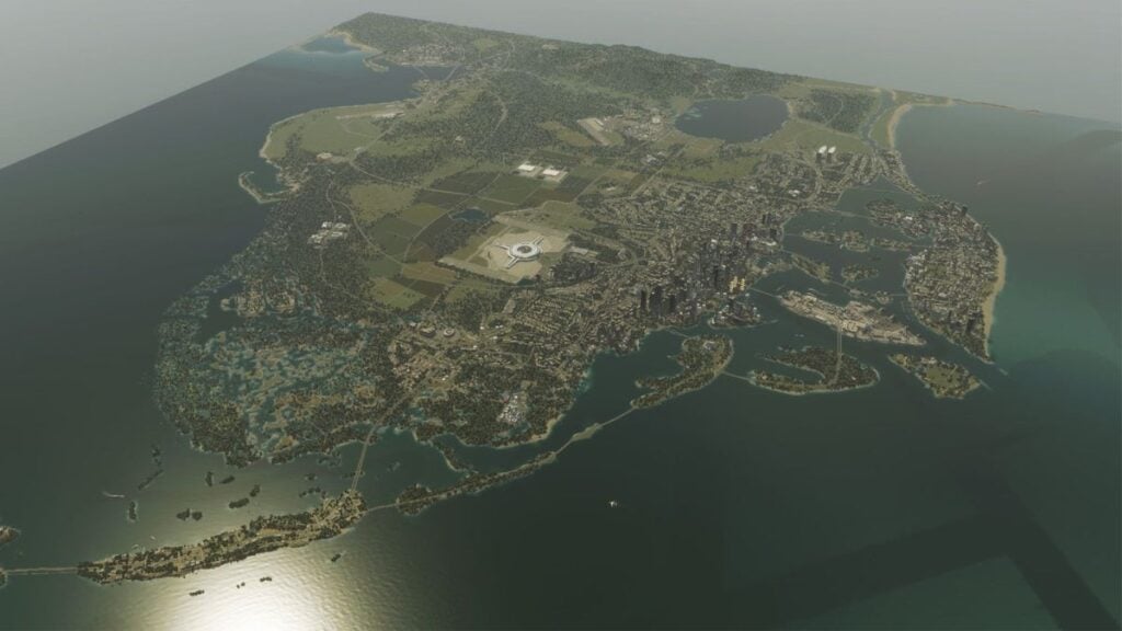 The entire predicted map of GTA 6 portrayed in a Cities: Skylines II city.