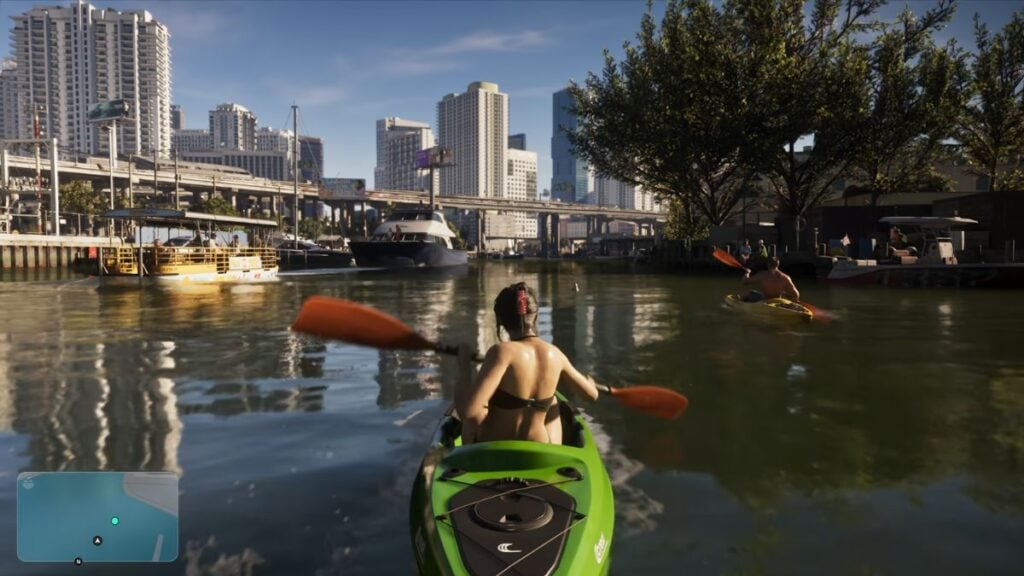 Jason and Lucia kayaking along a river.
