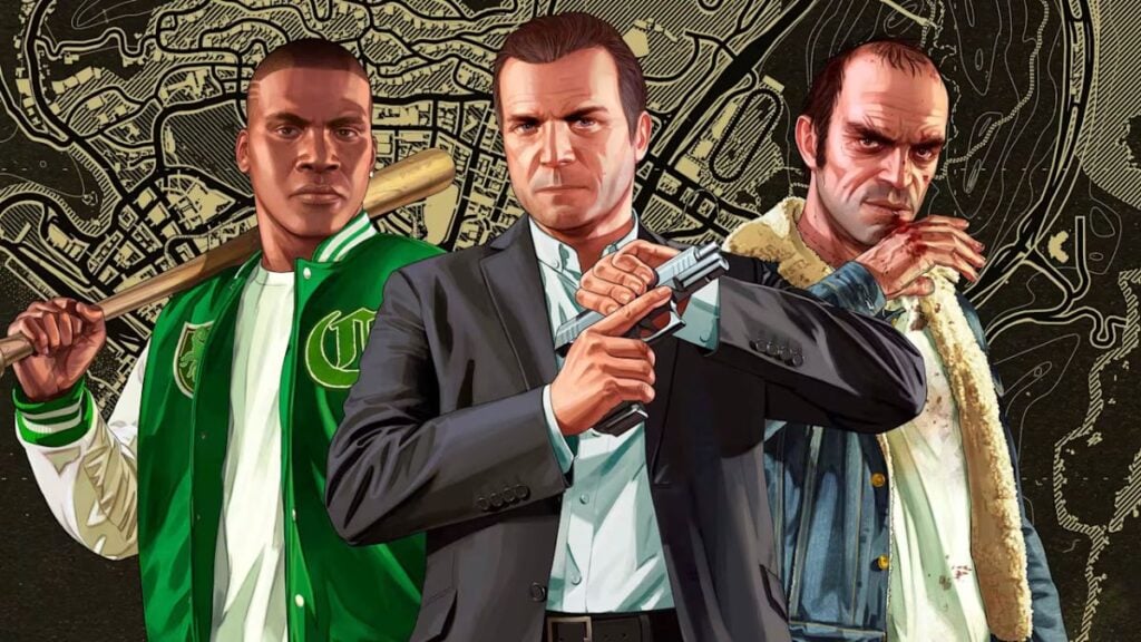 Michael, Trevor, and Franklin key art for GTA 5.