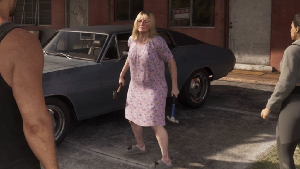 The Hammer Lady in the Extended Look facing Jason and Lucia while wielding dual hammers.