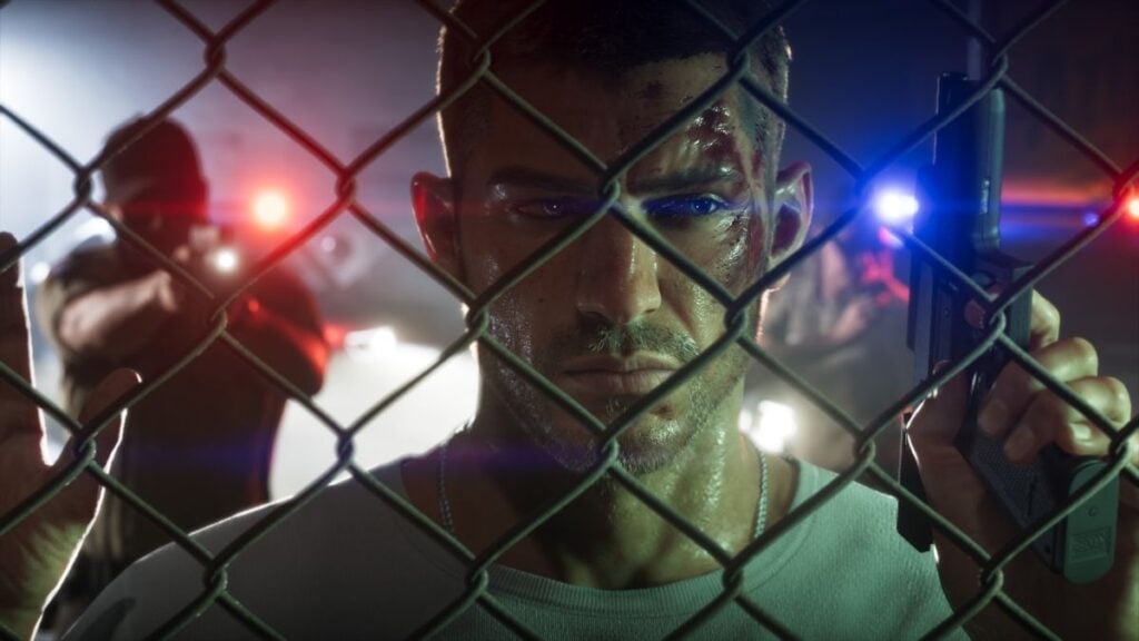 Jason Duval in an official screenshot, surrounded by police with an empty pistol in his hand.