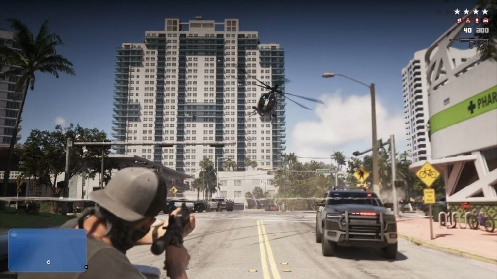 Jason leans out of a car and shoots at police cars in the GTA 6 Extended Look.