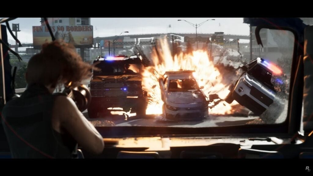 Lucia using a grenade launcher to blow up a pursuing police car in GTA 6.