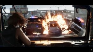 Lucia using a grenade launcher to blow up a pursuing police car in GTA 6.