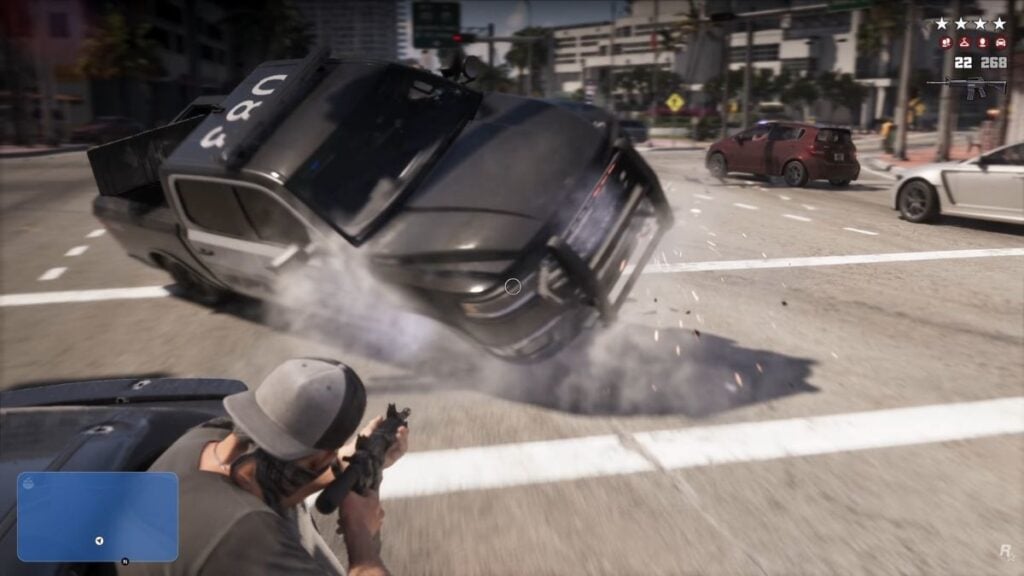 Jason shoots at a police car in GTA 6, causing its tires to pop and for it to flip over.