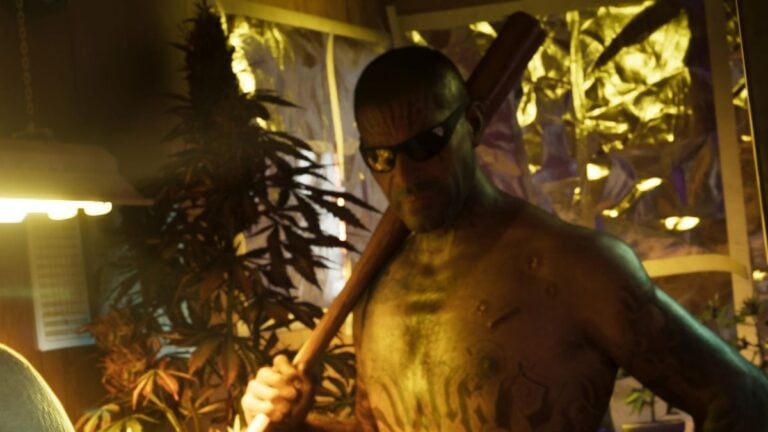 A close up of a man holding a baseball bat in an official GTA 6 screenshot.
