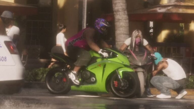 The Dinka Double T is a motorcycle due to appear in GTA 6. It can be seen parked along a beachfront road in Vice City at the 32-second mark of Trailer 1. A yellow Double T also appears at 9:30 in the Extended Look, parked behind an Alvino V1 during a robbery. The motorcycle gets a clearer showing in the Launch Trailer, where a green and a dark grey Double T can be seen parked together as a chase unfolds in the street. ## Vehicle History The Dinka Double T first appeared in Grand Theft Auto IV: Episodes from Liberty City before returning in GTA 5 and GTA Online. Based on the Honda CBR1000RR, the Double T features a sleek, sporty design. It's a relatively inexpensive motorcycle that offers solid performance and a lightweight feel, making it a good option for getting around the city. In GTA 5 and GTA Online, it is available from Southern San Andreas Super Autos.