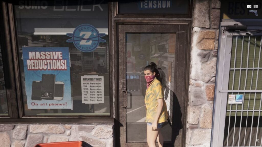 Lucia enters a store wearing a mask and holding a gun in GTA 6. 