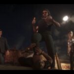 Raul from GTA 6 chokes a guy while eating fried chicken and Jason and Lucia look on.