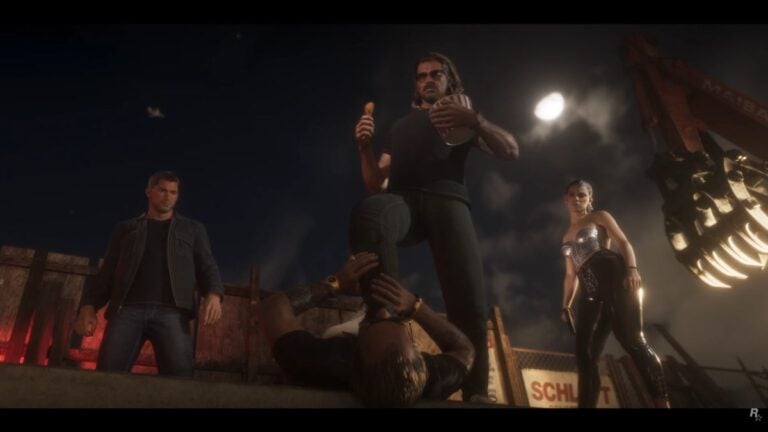 Raul from GTA 6 chokes a guy while eating fried chicken and Jason and Lucia look on.