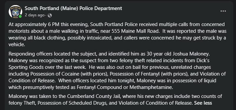 South Portland (Maine) Police Department official Facebook post on Joshua Maloney